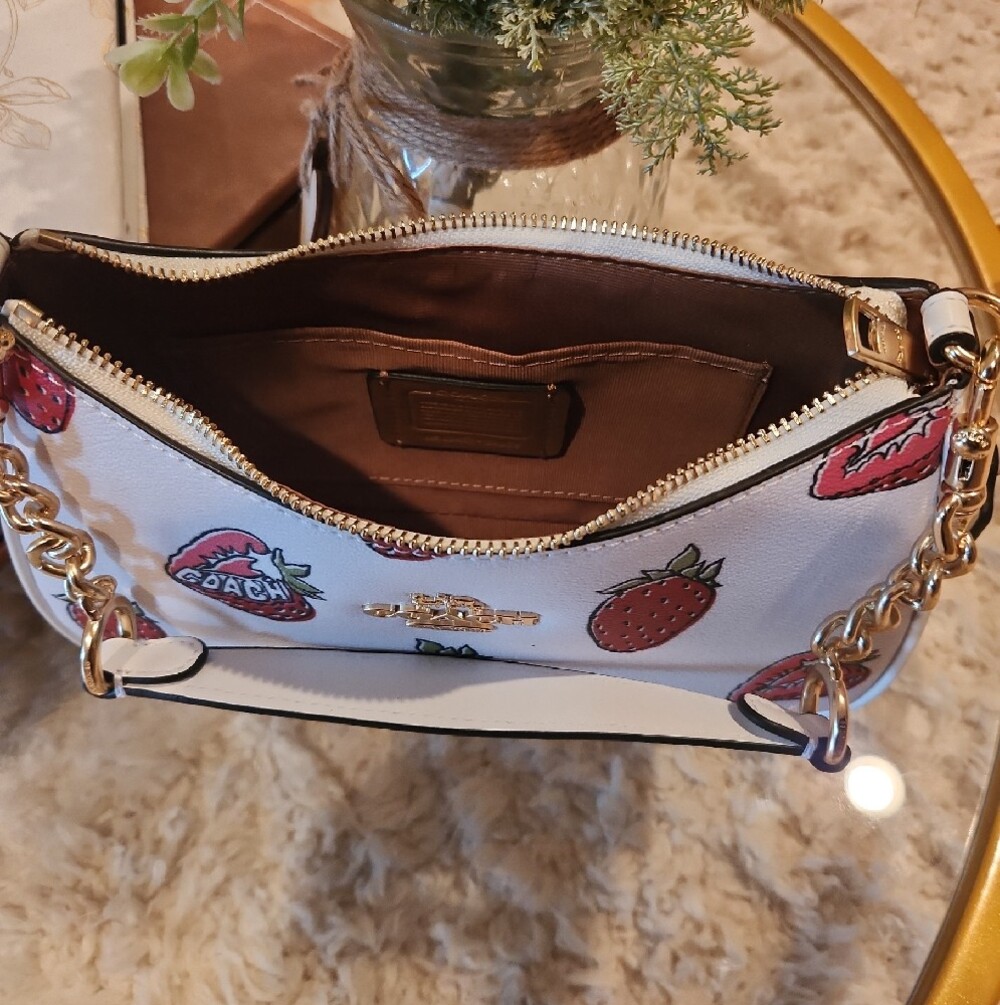 COACH White Leather Mini Bag with Strawberry Print and Gold Hardware - Picture 4 of 9
